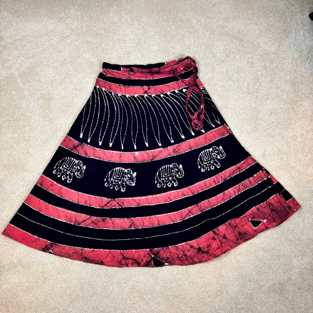 Pink Black Batik Elephant Print Wrap Skirt Bohemian Midi Festival Boho